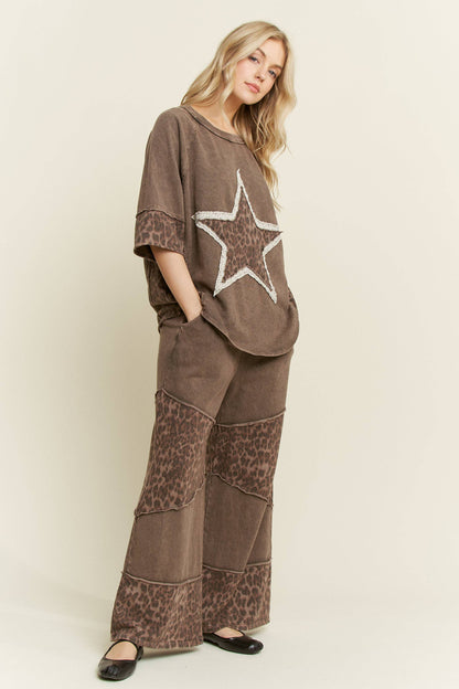 Mineral Washed Leopard Star Half sleeve top HT6628