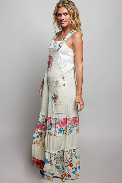 POL Printed Fabric Ruffle Wide Leg Overalls