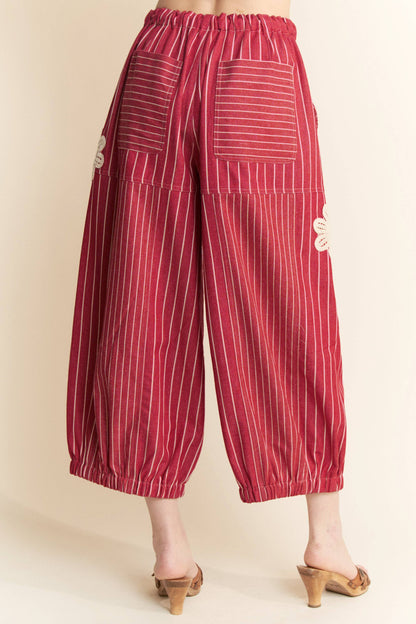 Crochet Applique Striped Barrel Pants
