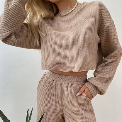 Tan / M Waffle long sleeve crop top wide leg pant 2 piece set: