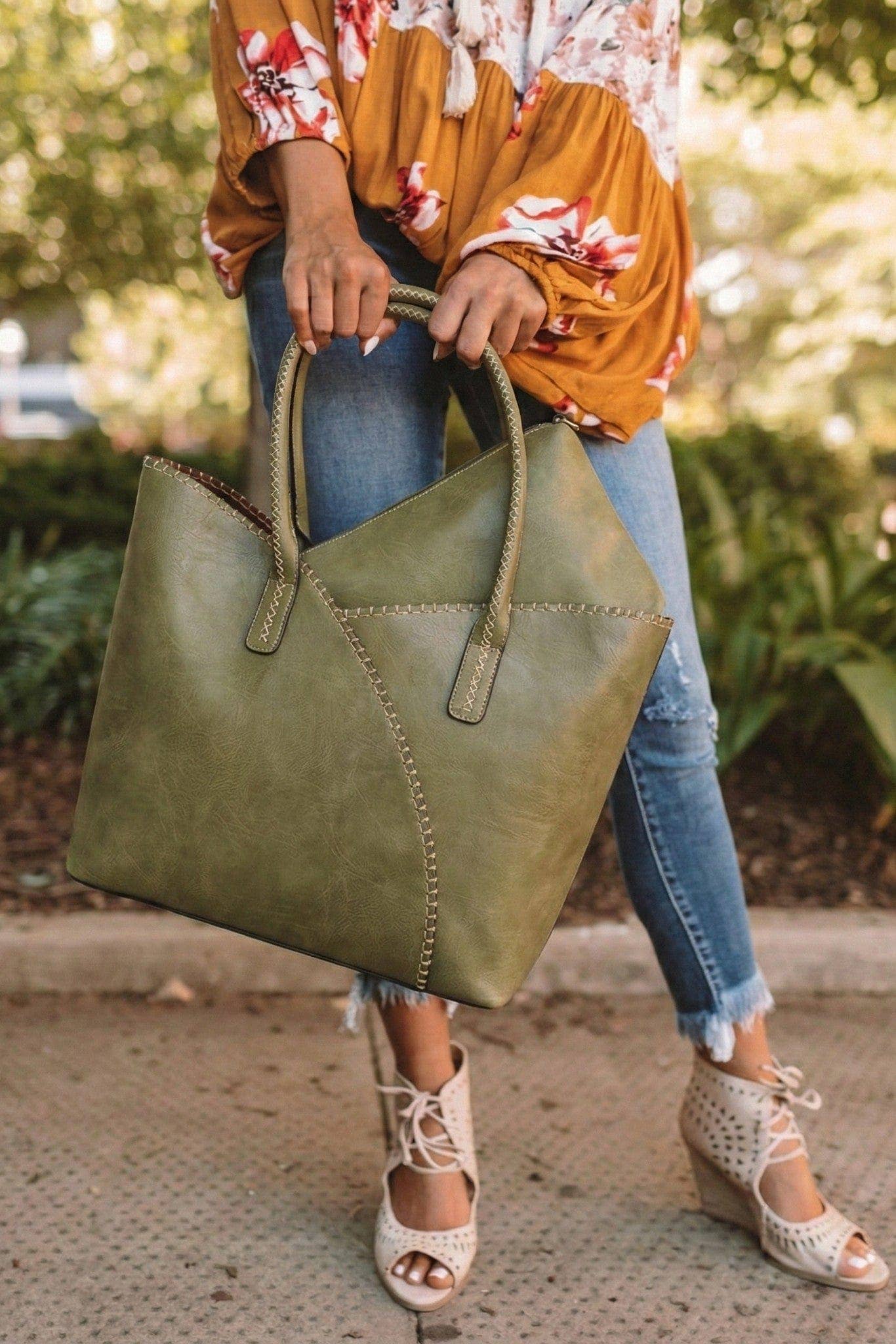 COL001-2 2-in-1 Stitch Trim Detail Shoulder/Tote Set Bag