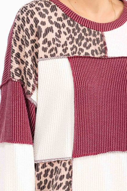 Leopard Patchwork Color Block Rib Knit Pullover Top T6089