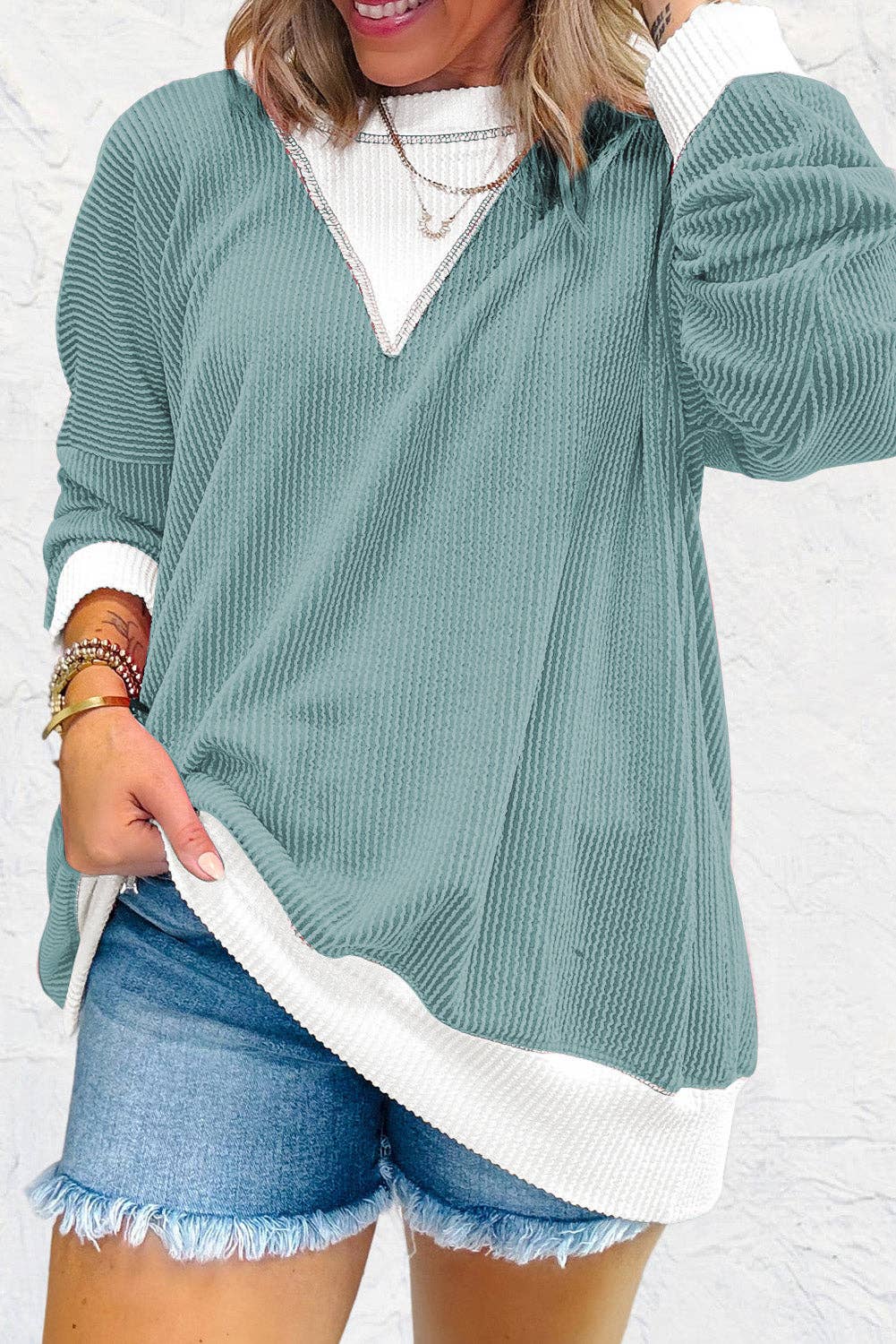 Blossom Corded Colorblock Drop Shoulder Loose Top Shirt