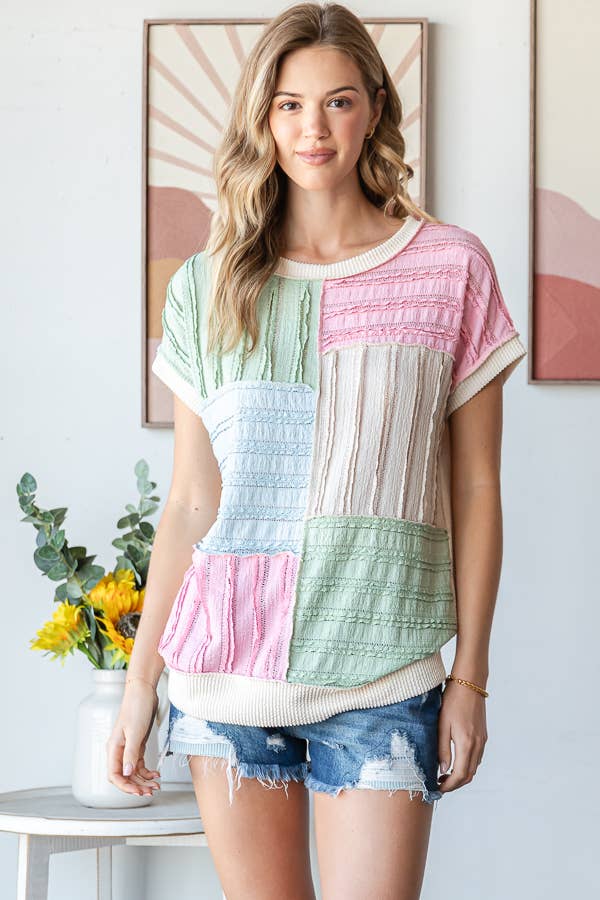 Color Block Textured Patchwork Short Sleeve Top T5944