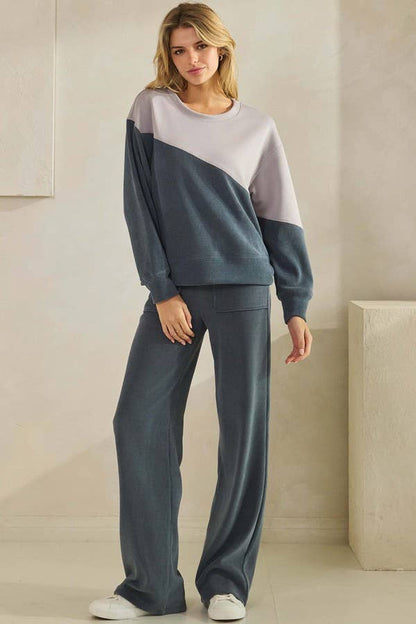 Womens Asymmetrical Two Tone Top Corduroy Sweatshirt