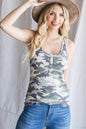 Camo Print Scoop Neck Button Front Tank Top T4245
