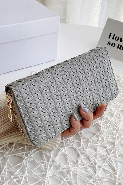 Trendy Vegan Leather Woven Weave Long Wallet