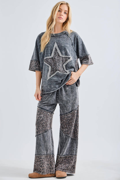 Mineral Washed Leopard Star Half sleeve top HT6628