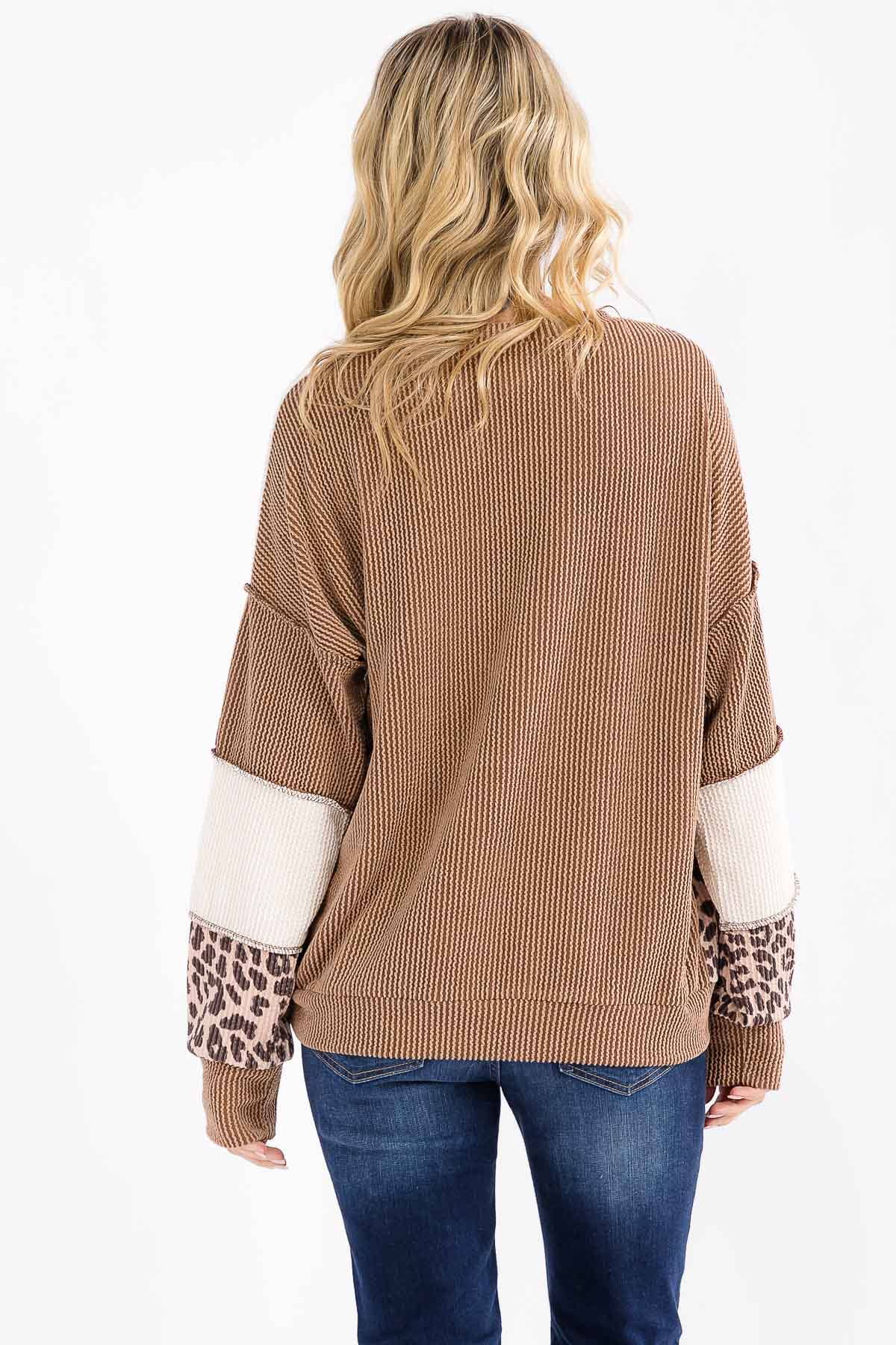 Leopard Patchwork Color Block Rib Knit Pullover Top T6089