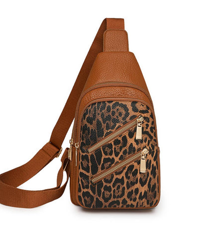 LEOPARD DOUBLE ZIPPER CROSSBODY SLING BAG