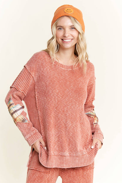 Mineral Wash Plaid Star patched elbow sweater top HT5999