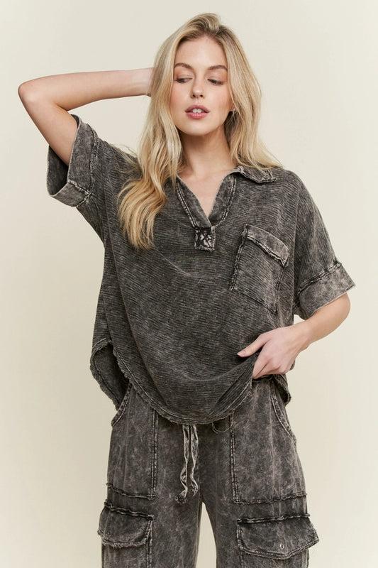 Mineral Washed Split V-Collar Knitted Shirt