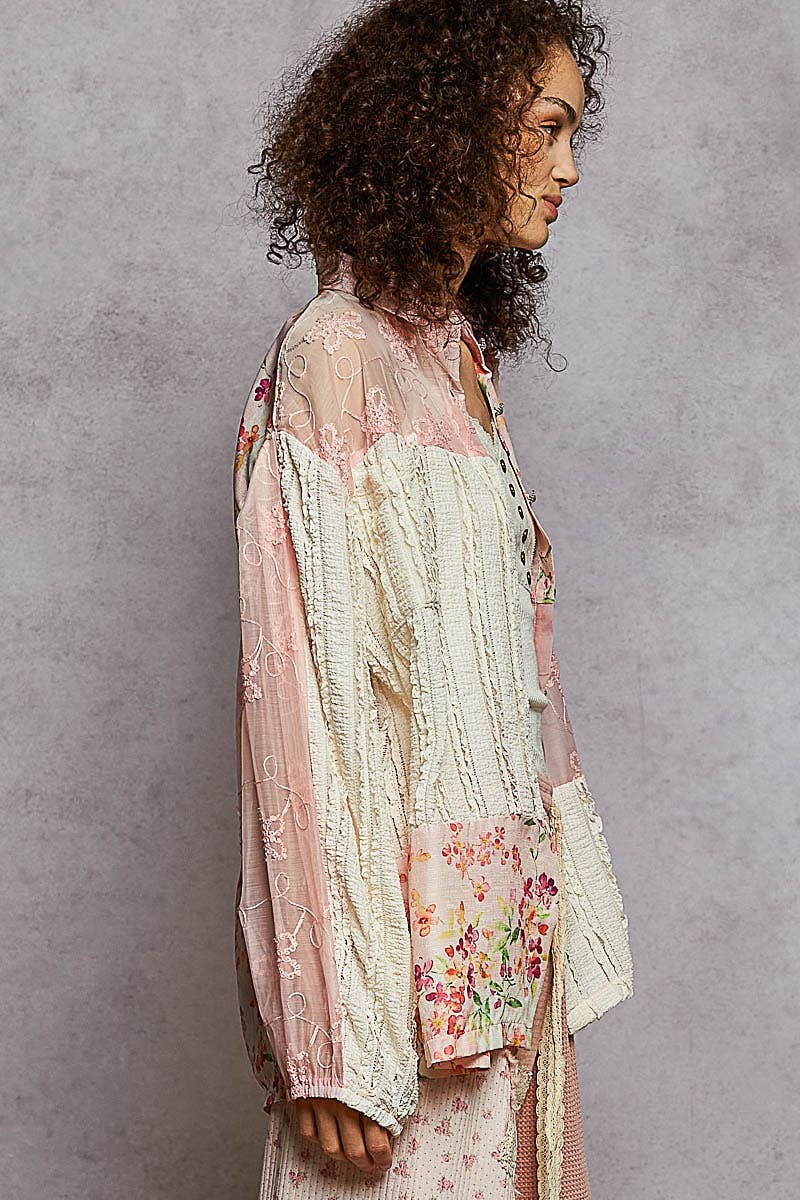 Long sleeve floral embroidery patchwork shirt top