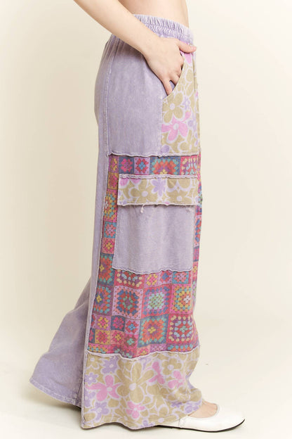 Mineral Wash Crochet Floral Printed Pants HP5758