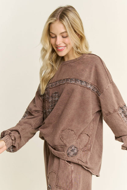 Mineral Washed Tweed Daisy patch Long sleeve top HT6761