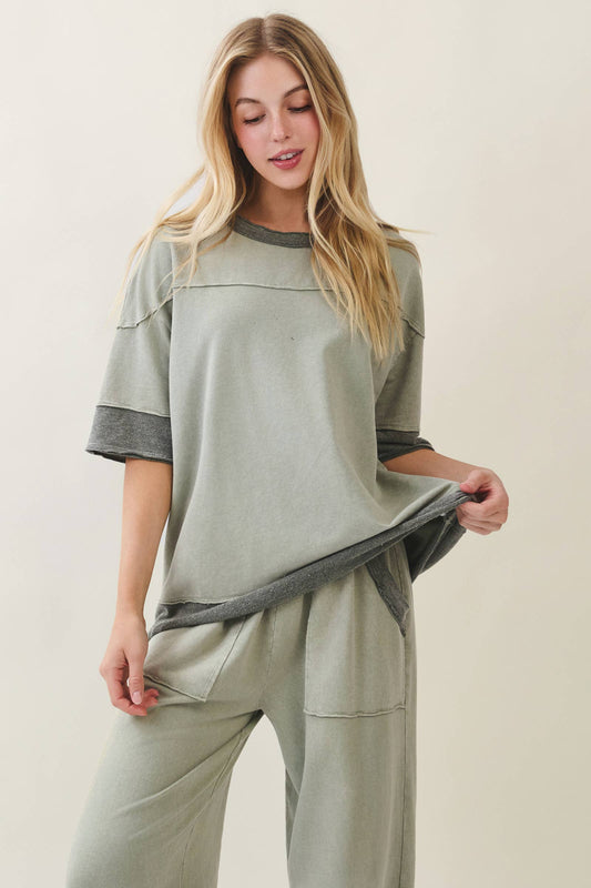 Mineral Washed Contrast Block Terry Top HT7540