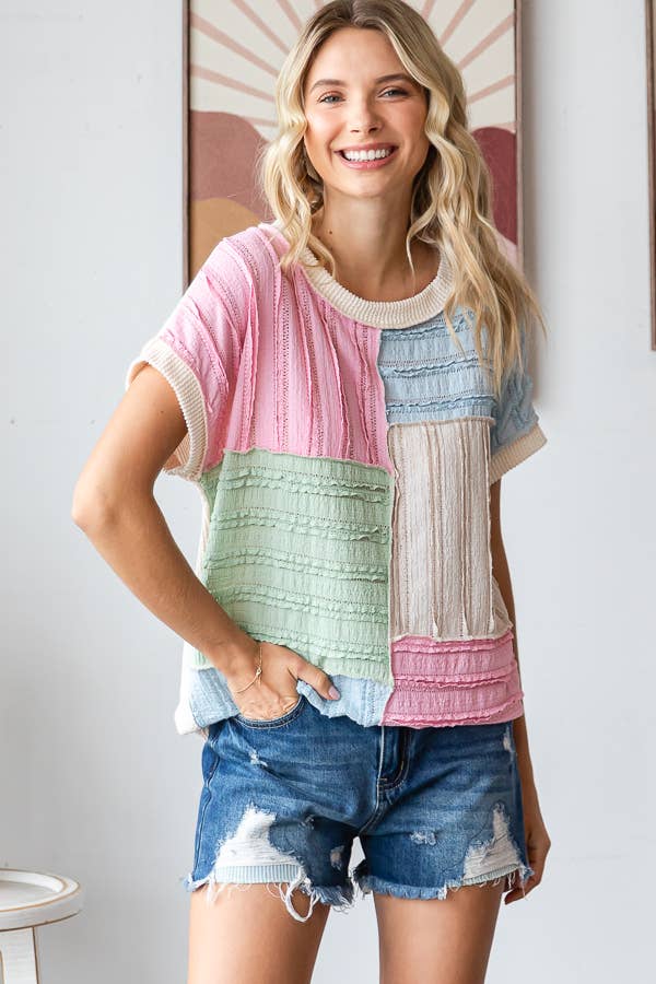 Color Block Textured Patchwork Short Sleeve Top T5944