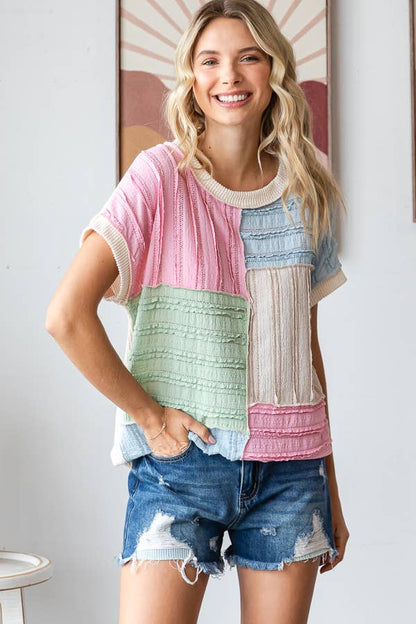 Color Block Textured Patchwork Short Sleeve Top T5944
