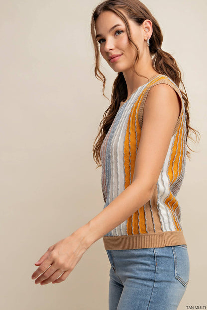 Large Brick Multi Color Shimmer Striped Sweater Shirt Top