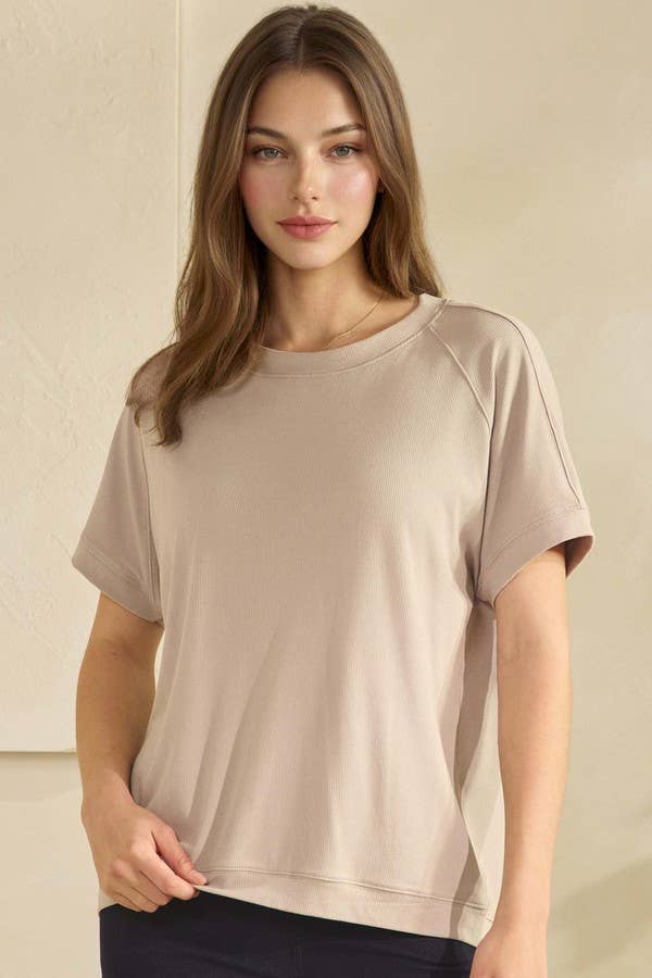 Yelete Ribbed Relaxed Fit Crew Neck Top Shirt