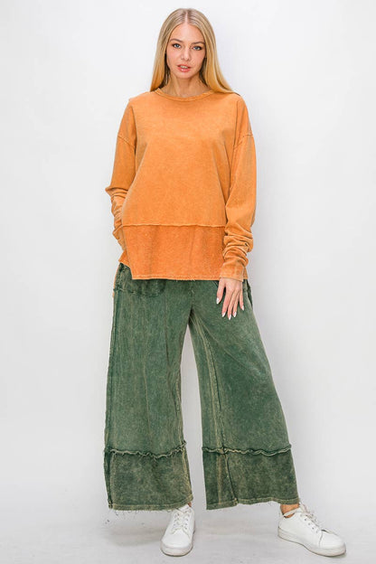 Mineral Wash Wide Pants with raw hem frayed details HP5536