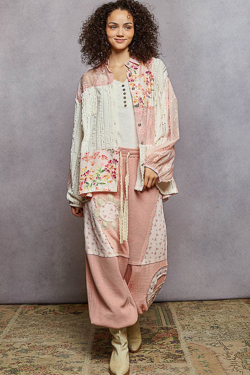 Long sleeve floral embroidery patchwork shirt top