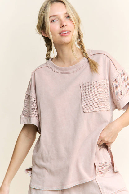 Mineral Wash Mesh Pocket Sleeve top HT5649