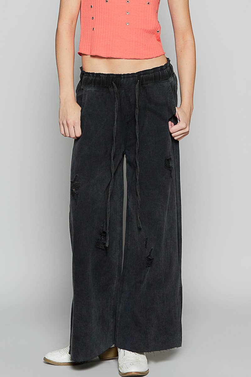 Wide leg drawstring elastic waist distressed denim pants