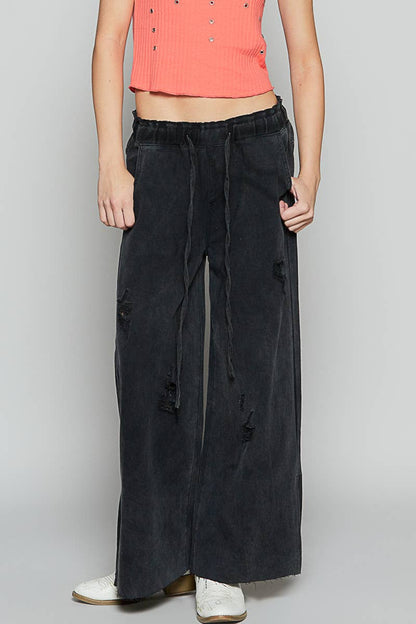 Wide leg drawstring elastic waist distressed denim pants