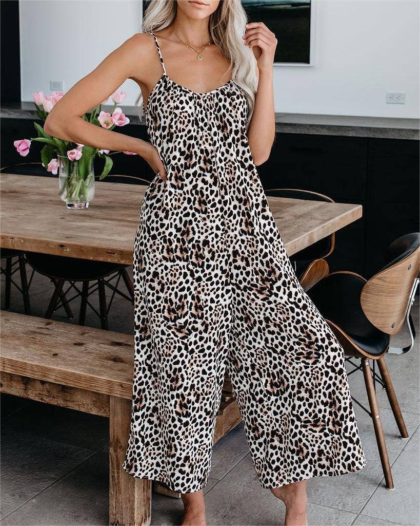 Leopard / S suspender wide-leg pants print bib jumpsuit: