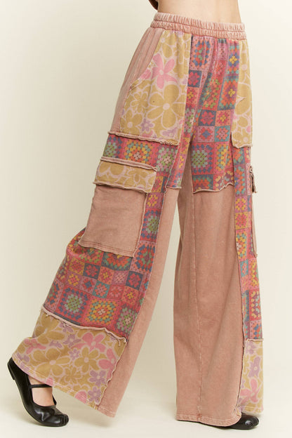 Mineral Wash Crochet Floral Printed Pants HP5758