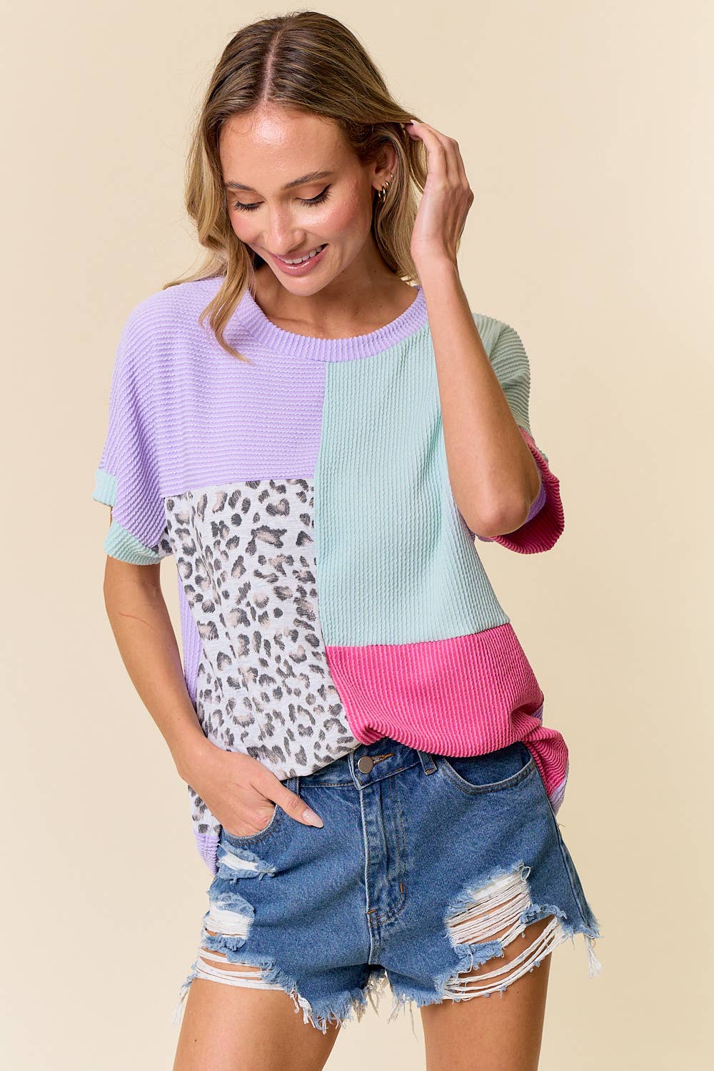 Large Retro Cheetah Top: LAVENDER COMBO