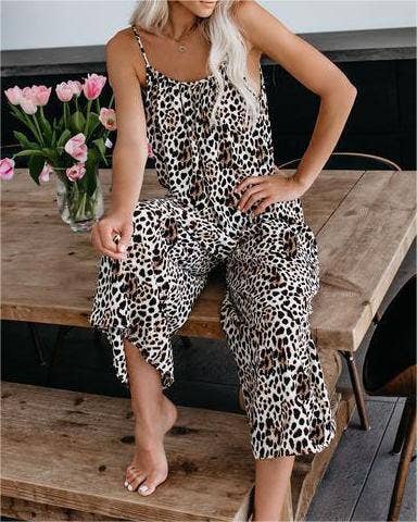 Rose_red / M  suspender wide-leg pants print bib jumpsuit: