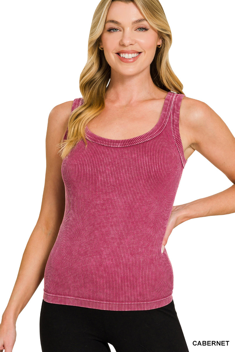 2 way neckline washed ribbed cropped tank top scoop & boat neck Zenana