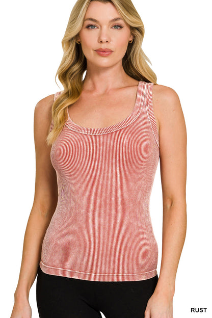 2 way neckline washed ribbed cropped tank top scoop & boat neck Zenana