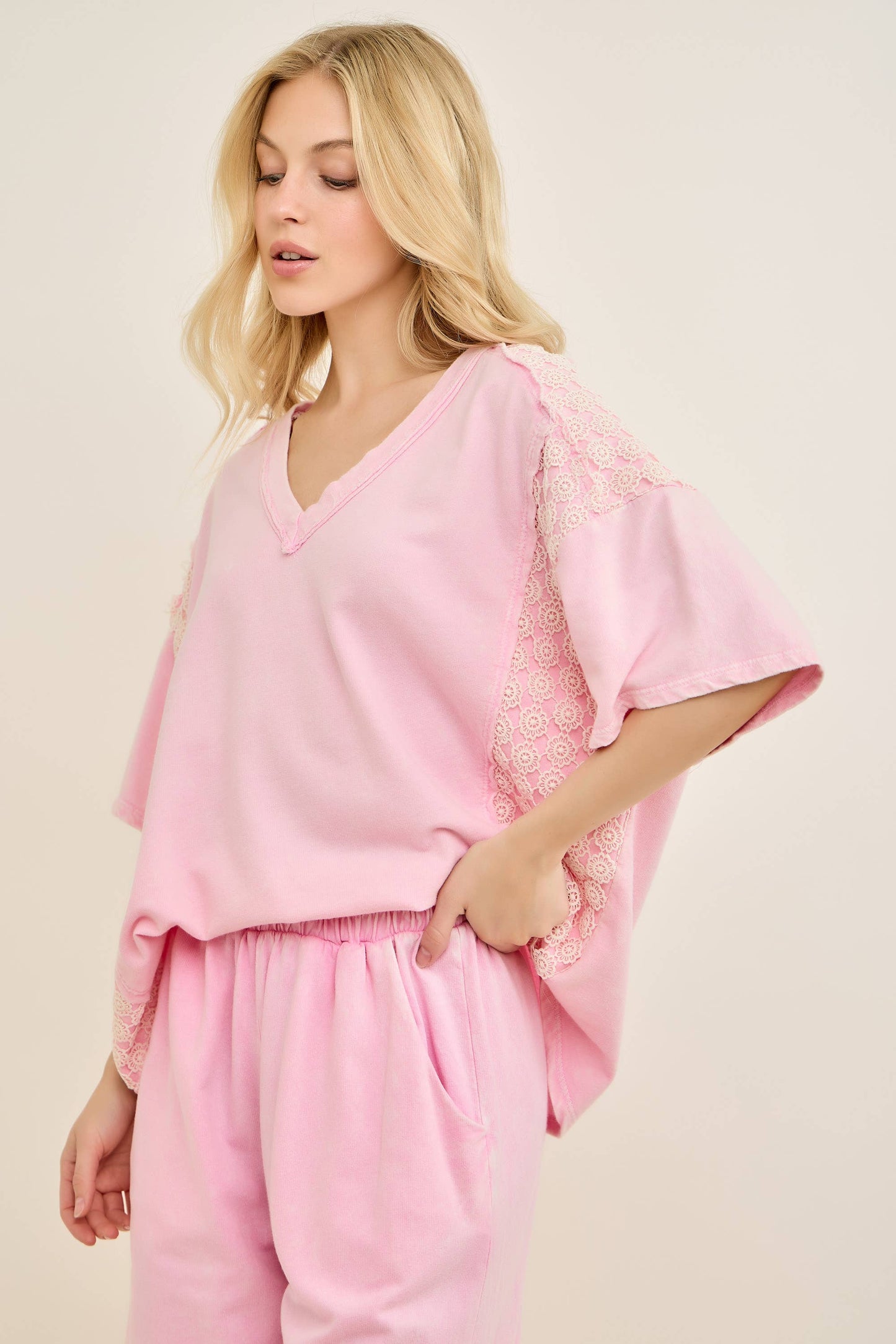 Mineral Washed Flower Daisy V-neck Shirt top HT6747