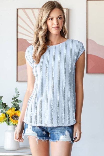 Lightweight Stripe Textured Cap Sleeves Blouse T5948