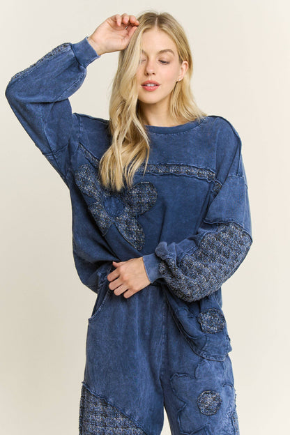 Mineral Washed Tweed Daisy patch Long sleeve top HT6761