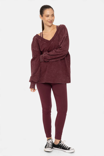 Mineral Wash Cotton Blend Deep V-Neck Long Sleeve