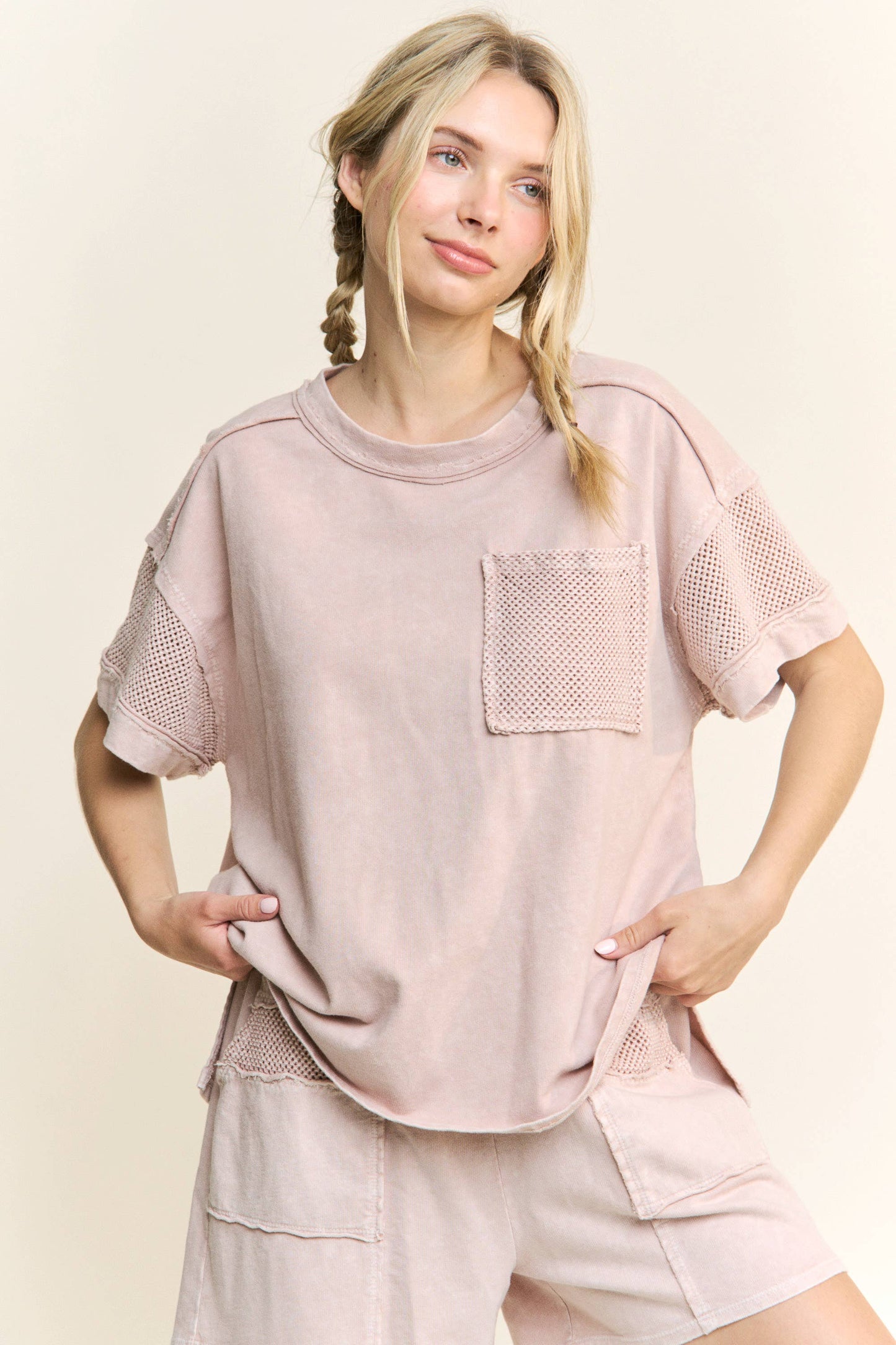 Mineral Wash Mesh Pocket Sleeve top HT5649