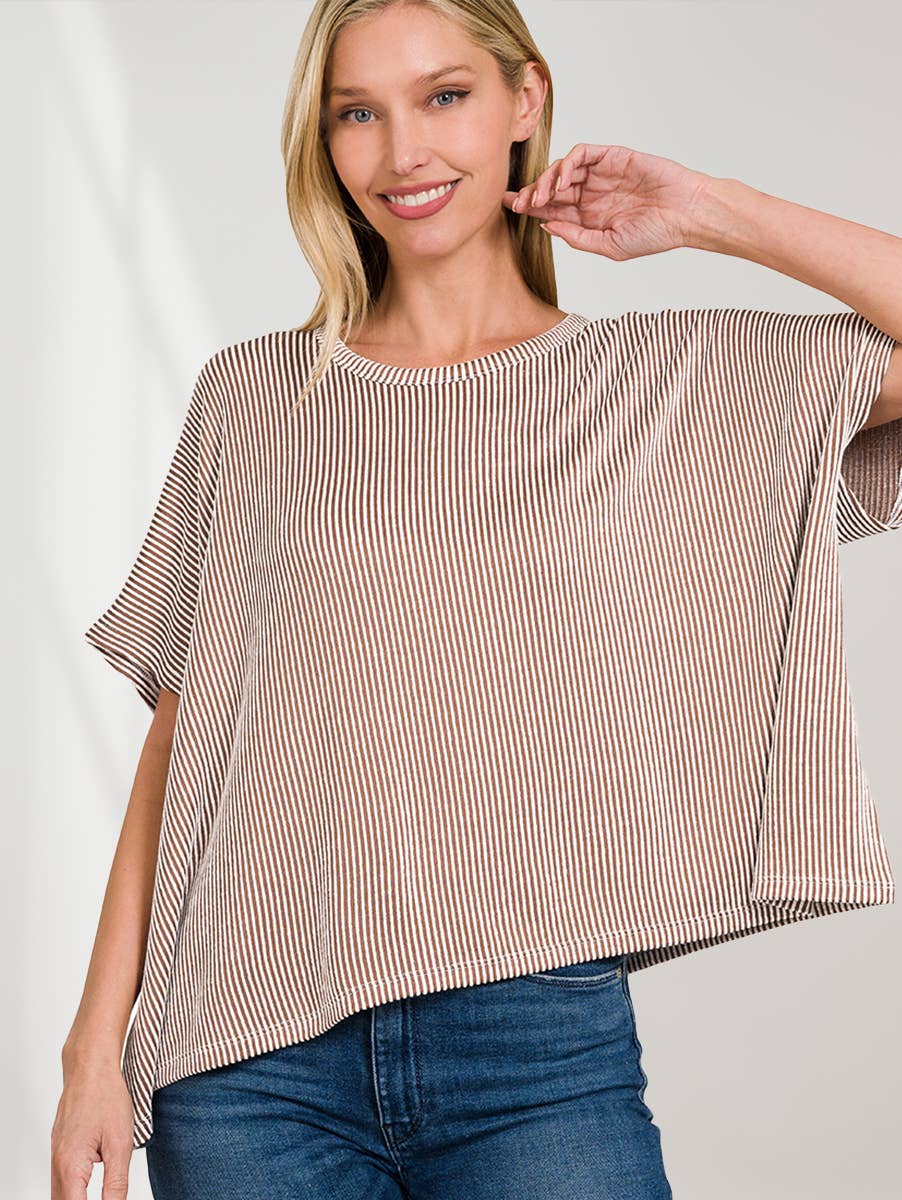 S/M Ribbed Pin-striped Oversized Top: BROWN-164216 / S/M