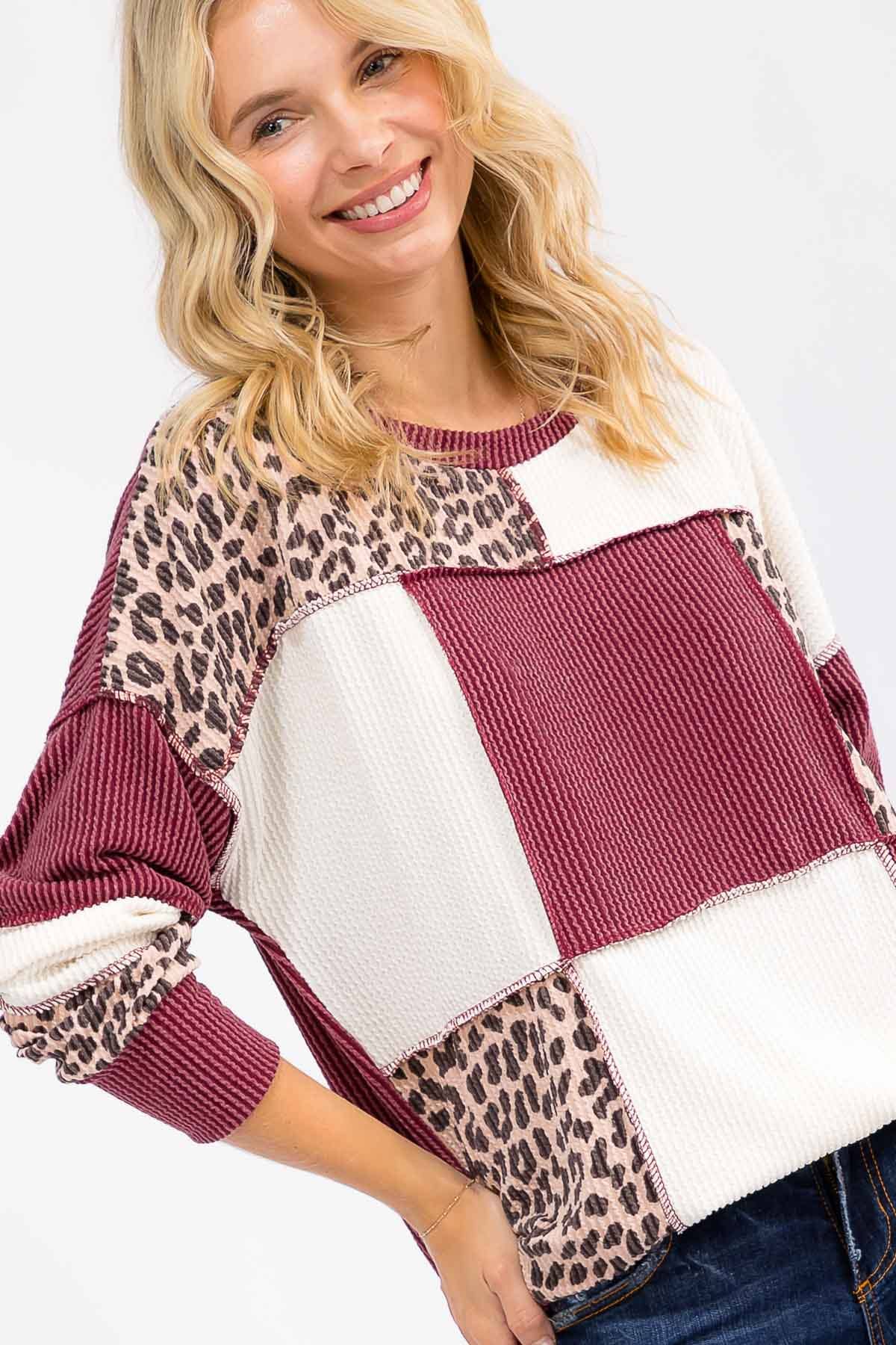 Leopard Patchwork Color Block Rib Knit Pullover Top T6089