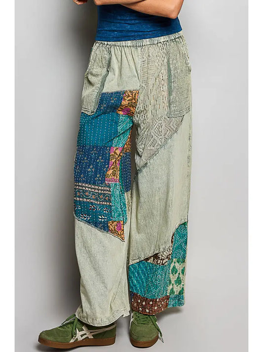 Relaxed fit patchwork woven wide leg Pants