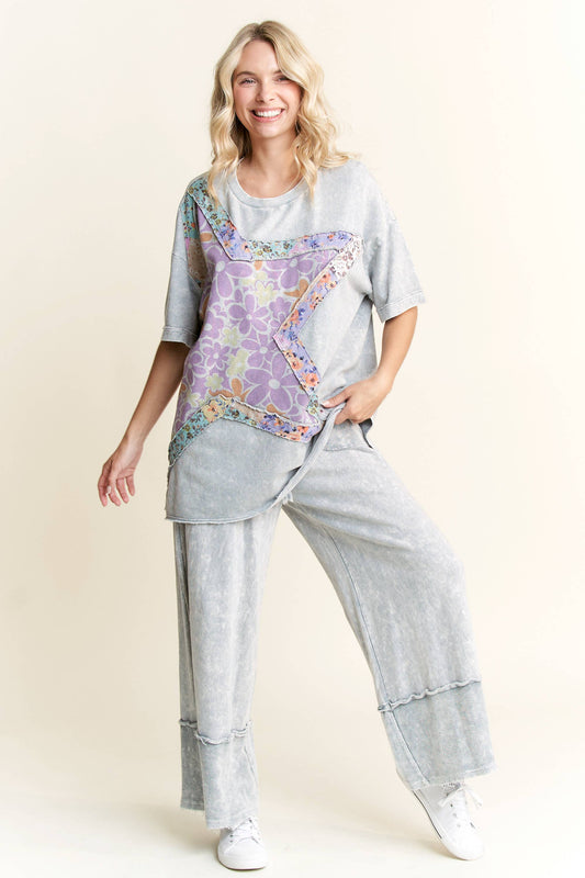 Mineral Wash Wide Pants with raw hem frayed details HP5536