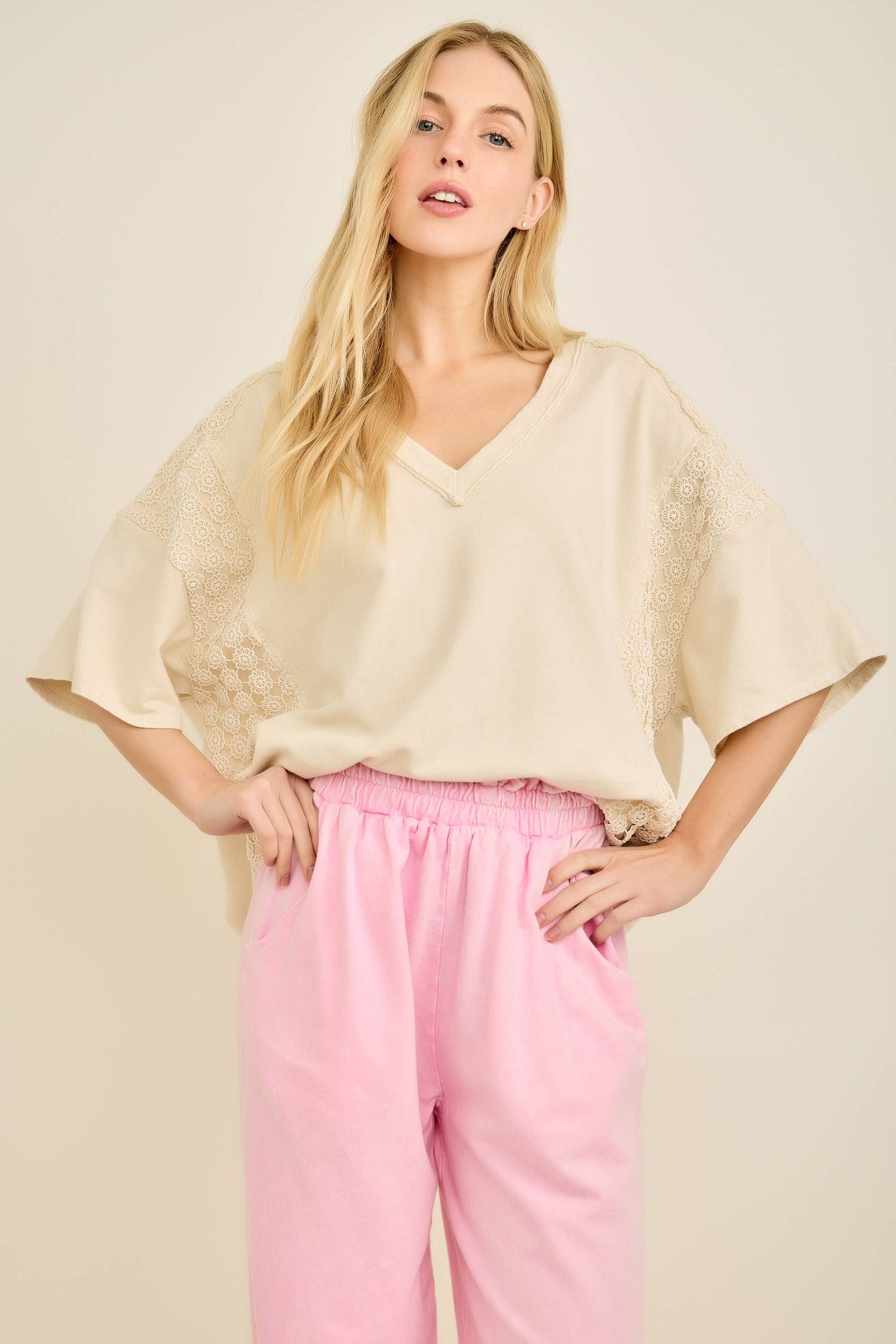 Mineral Washed Flower Daisy V-neck Shirt top HT6747