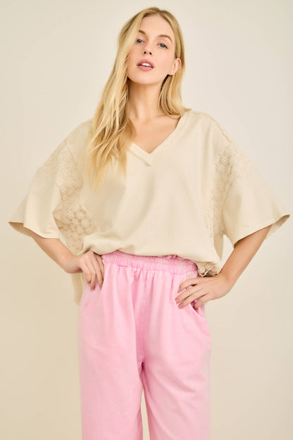 Mineral Washed Flower Daisy V-neck Shirt top HT6747