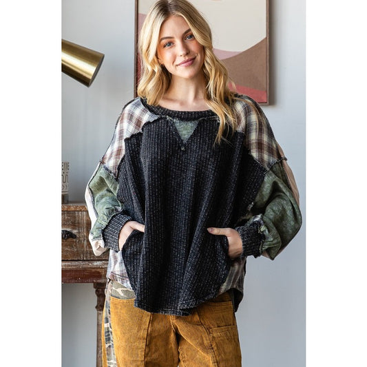 Washed Plaid Mixed Pullover Oversized Knit Top Oli & Hali