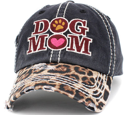 Dog Mom Leopard Washed Vintage Ballcap: BLK