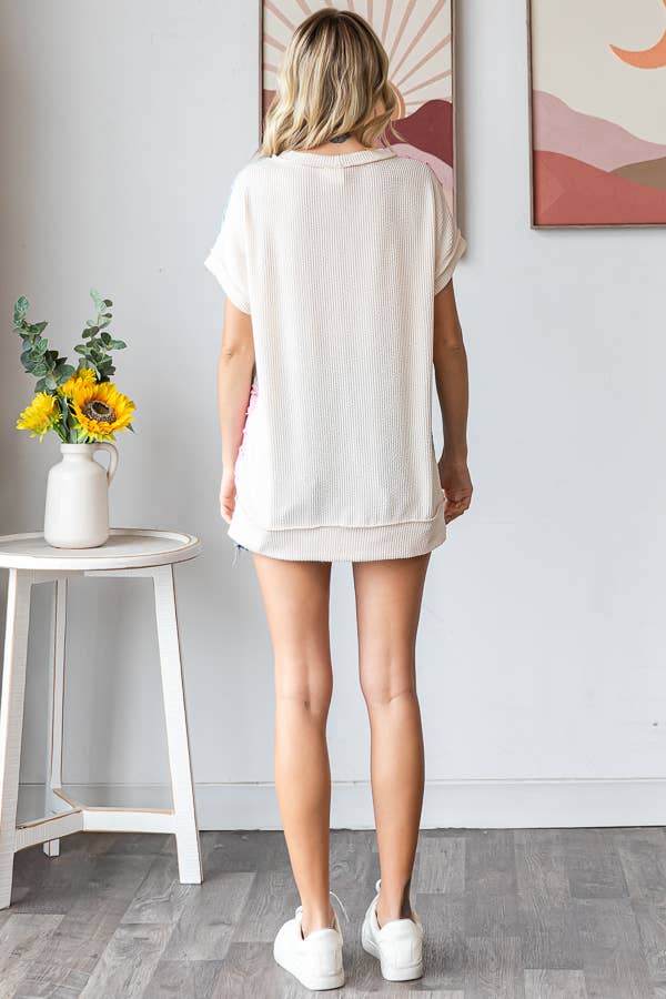 Color Block Textured Patchwork Short Sleeve Top T5944