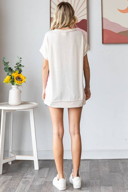 Color Block Textured Patchwork Short Sleeve Top T5944